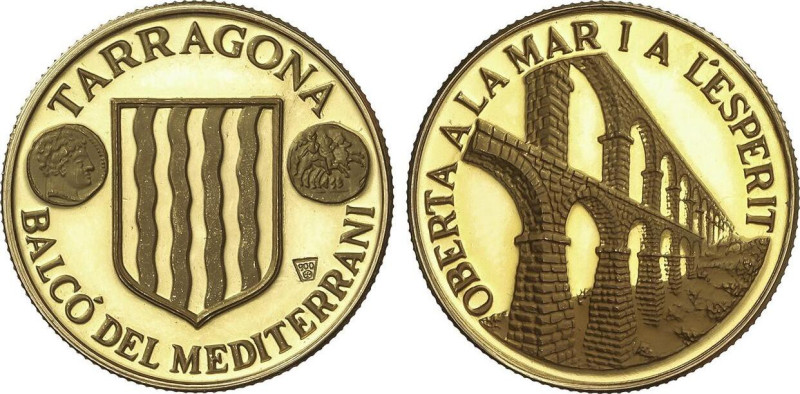 Medalla. TARRAGONA. Anv.: Escudo de Catalunya entre denario ibérico de Kese. Rev...