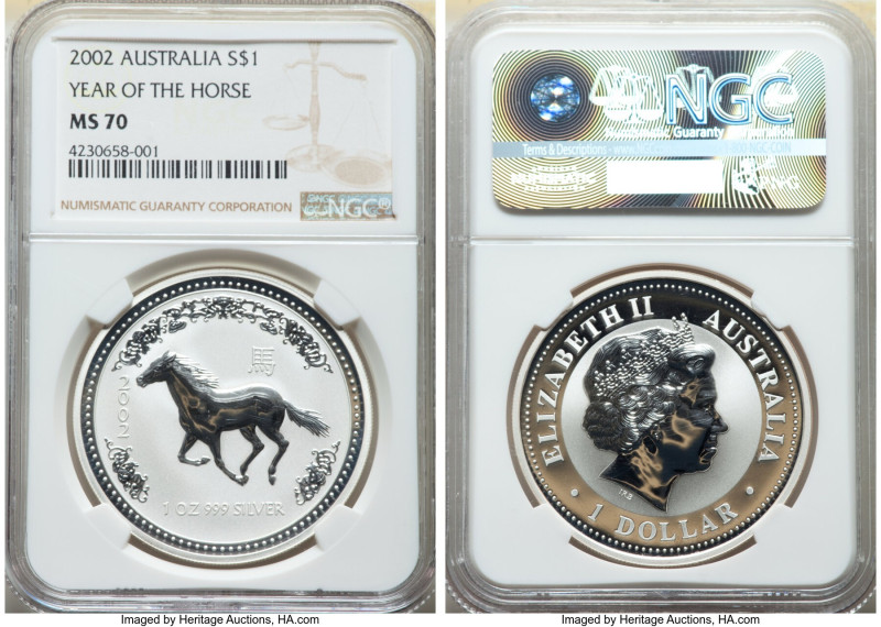 Elizabeth II silver "Year of the Horse" Dollar 2002-P MS70 NGC, Perth mint, KM58...