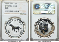 Elizabeth II silver "Year of the Horse" Dollar 2002-P MS70 NGC, Perth mint, KM580. Lunar series. 

HID09801242017

© 2022 Heritage Auctions | All Righ...
