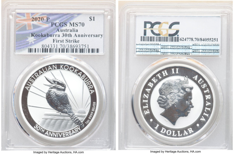 Elizabeth II Pair of silver "Kookaburra" Dollars (1 oz) MS70 PCGS, 1) "Kookaburr...