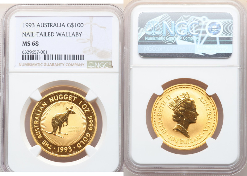 Elizabeth II gold "Nail-Tailed Wallaby" 100 Dollars 1993 MS68 NGC, KM393. 

HID0...