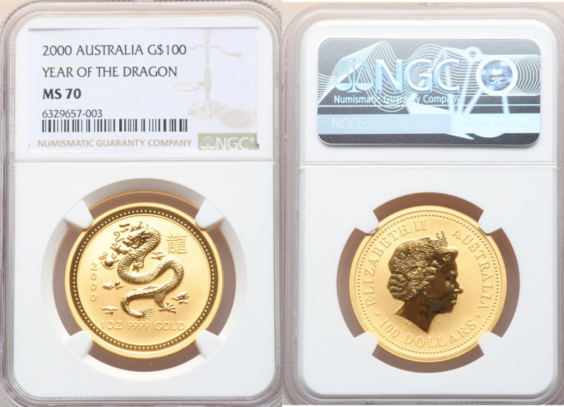 Elizabeth II gold "Year of the Dragon" 100 Dollars 2000 MS70 NGC, KM528. Lunar s...