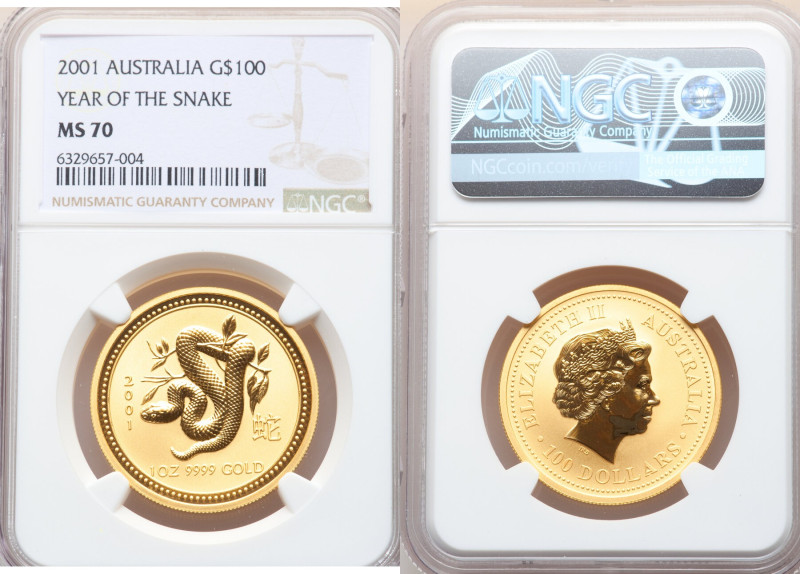 Elizabeth II gold "Year of the Snake" 100 Dollars 2001 MS70 NGC, KM543. Lunar se...