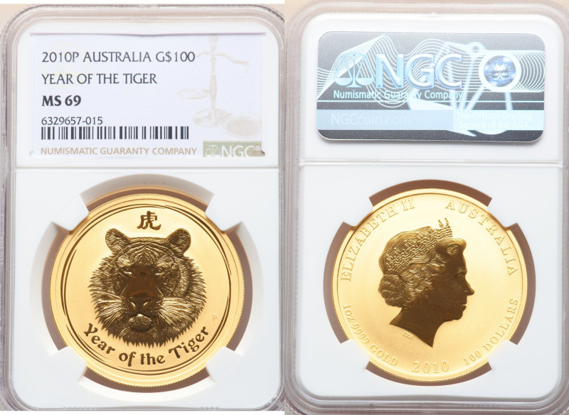 Elizabeth II gold "Year of the Tiger" 100 Dollars 2010-P MS69 NGC, KM-Unl. Lunar...