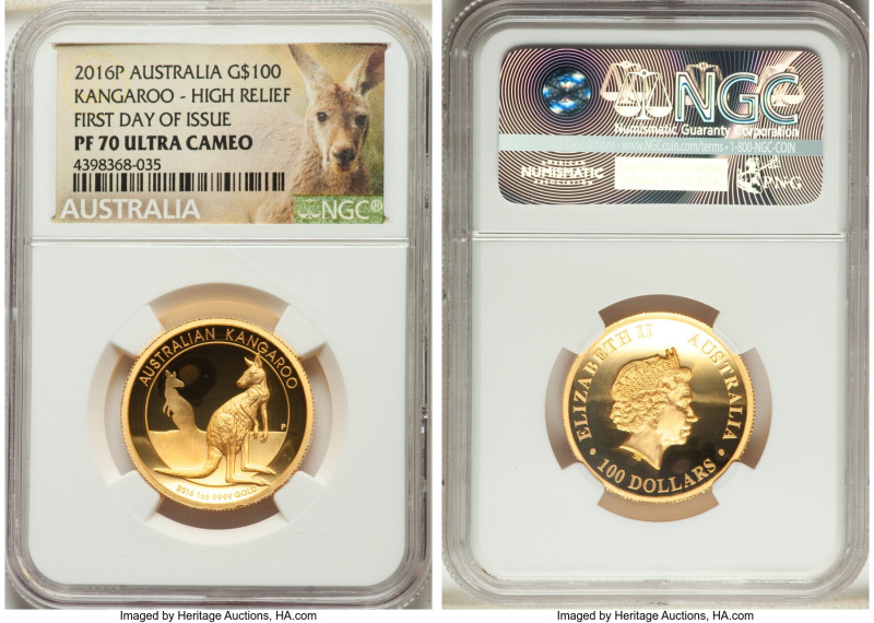 Elizabeth II gold Proof High Relief "Kangaroo" 100 Dollars (1 oz) 2016-P PR70 Ul...