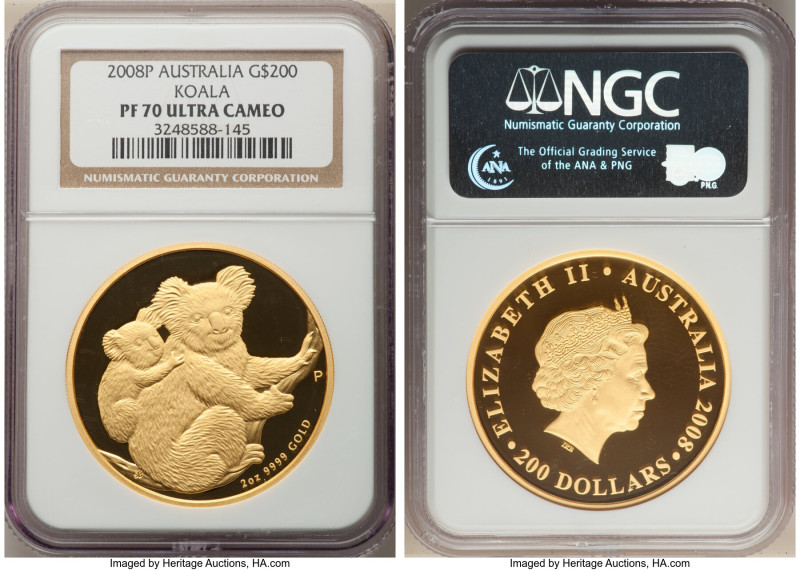 Elizabeth II gold Proof "Koala" 200 Dollars 2008-P PR70 Ultra Cameo NGC, Perth m...