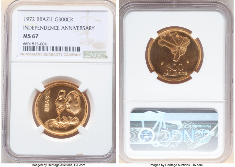 Republic gold "Independence 150th Anniversary" 300 Cruzeiros 1972 MS67 NGC, KM58...