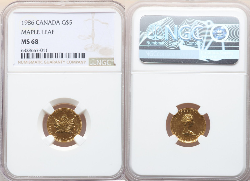 Elizabeth II gold "Maple Leaf" 5 Dollars 1986 MS68 NGC, KM135. 

HID09801242017
...