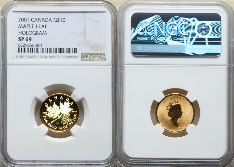 Elizabeth II gold Hologram Specimen "Maple Leaf" 10 Dollars 2001 SP69 NGC, KM440...