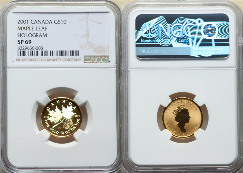 Elizabeth II gold Hologram Specimen "Maple Leaf" 10 Dollars 2001 SP69 NGC, KM440...