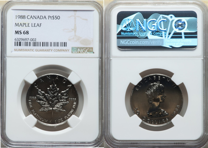 Elizabeth II platinum "Maple Leaf" 50 Dollars 1988 MS68 NGC, KM167. 

HID0980124...