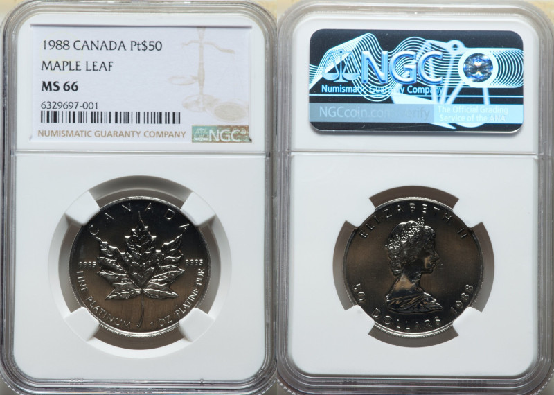 Elizabeth II platinum "Maple Leaf" 50 Dollars 1988 MS66 NGC, KM167. 

HID0980124...