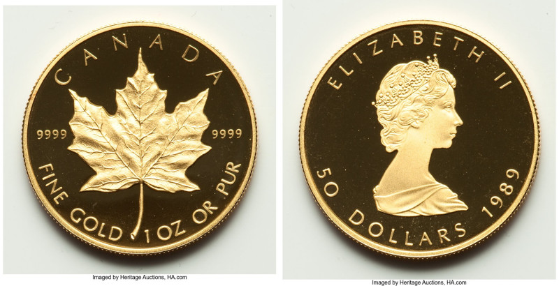 Elizabeth II gold Proof "Maple Leaf" 50 Dollars (1 oz) 1989 UNC, KM125.2. Mintag...