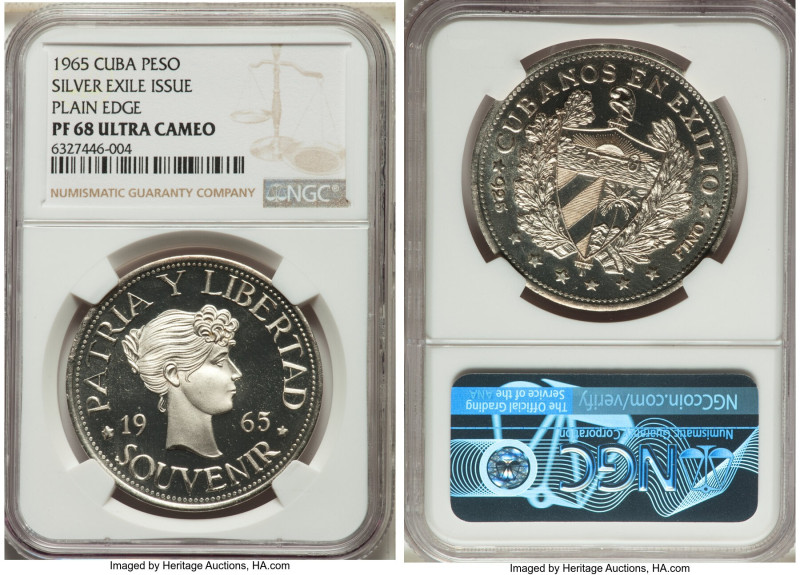 Exile Issue silver Proof Souvenir Peso 1965 PR68 Ultra Cameo NGC, KM-XM5.1. Plai...