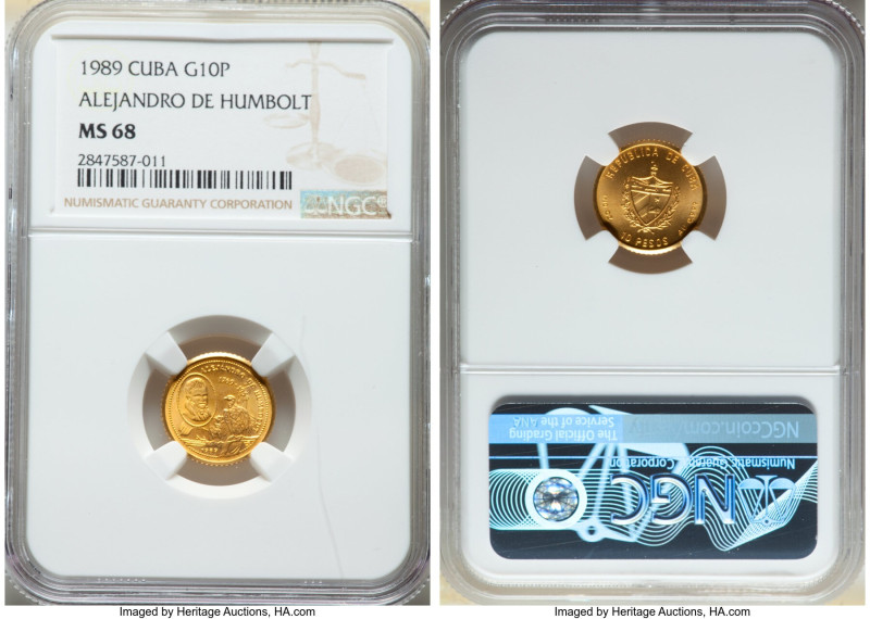 Republic gold "Alejandro de Humbolt" 10 Pesos 1989 MS68 NGC, KM383. 

HID0980124...