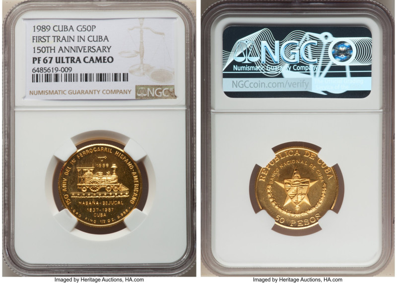 Republic gold Proof "First Train in Cuba - 150th Anniversary" 50 Pesos 1989 PR67...