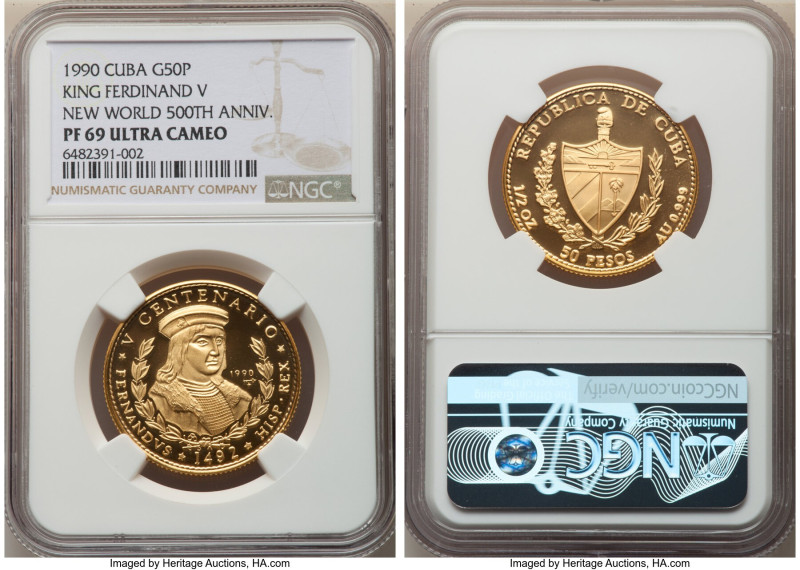 Republic gold Proof "King Ferdinand V" 50 Pesos 1990 PR69 Ultra Cameo NGC, Havan...