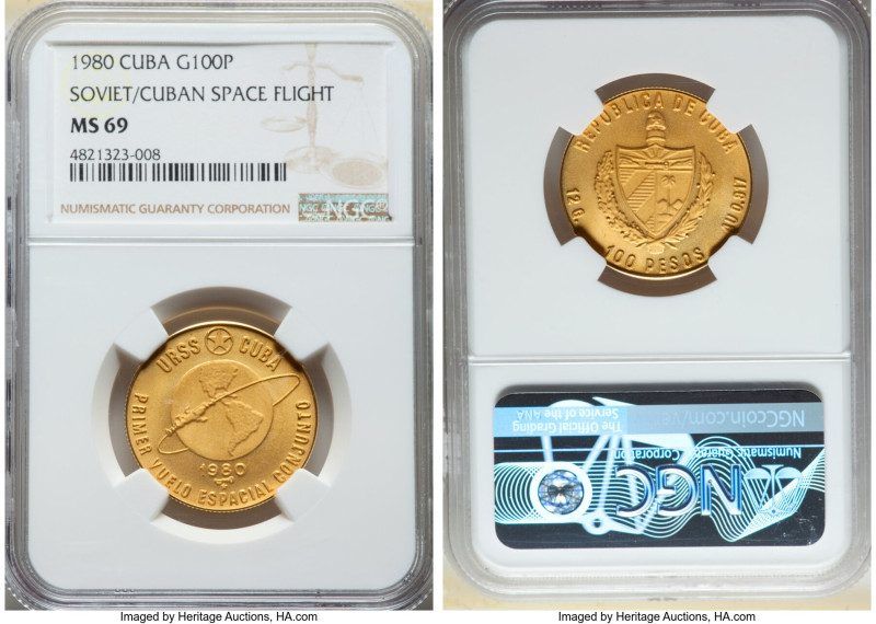 Republic gold "Soviet/Cuban Space Flight" 100 Pesos 1980 MS69 NGC, KM52. 

HID09...