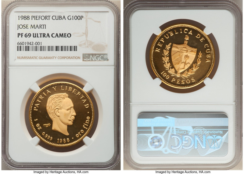 Republic gold Proof Piefort "Jose Marti" 100 Pesos 1988 PR69 Ultra Cameo NGC, Ha...