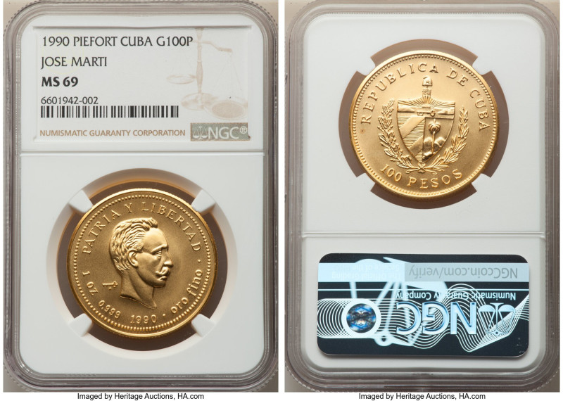 Republic gold Piefort "Jose Marti" 100 Pesos 1990 MS69 NGC, Havana mint, KM-P51....