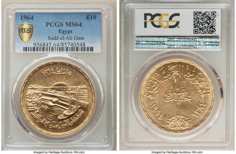 Arab Republic gold 10 Pounds AH 1384 (1964) MS64 PCGS, KM409, Fr-46. Commemorati...