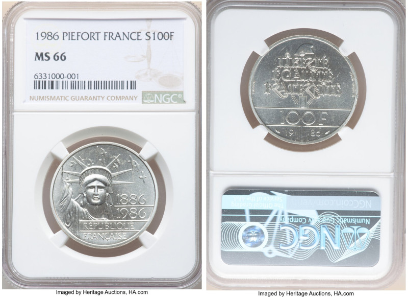 Republic silver Piefort 100 Francs 1986-(a) MS66 NGC, Paris mint, KM-P972. 

HID...
