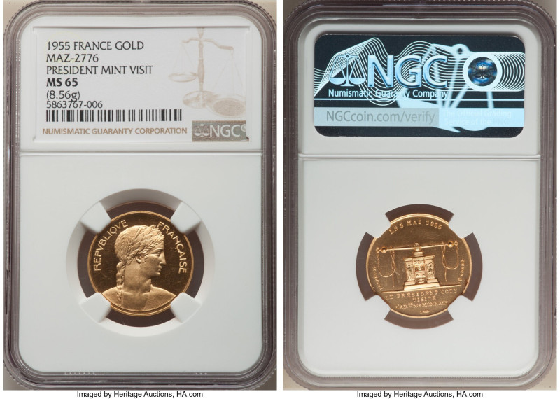 Republic gold "President Mint Visit" Medal 1955 MS65 NGC, Paris mint, Maz-2776. ...