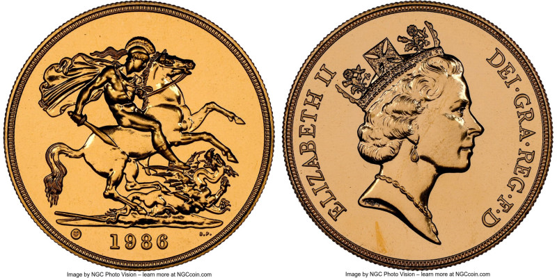 Elizabeth II gold 5 Pounds 1986 MS68 Prooflike NGC, KM945, S-SE4. Mintage: 7,723...