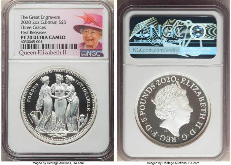 Elizabeth II silver Proof "Three Graces" 5 Pounds (2 oz) 2020 PR70 Ultra Cameo N...