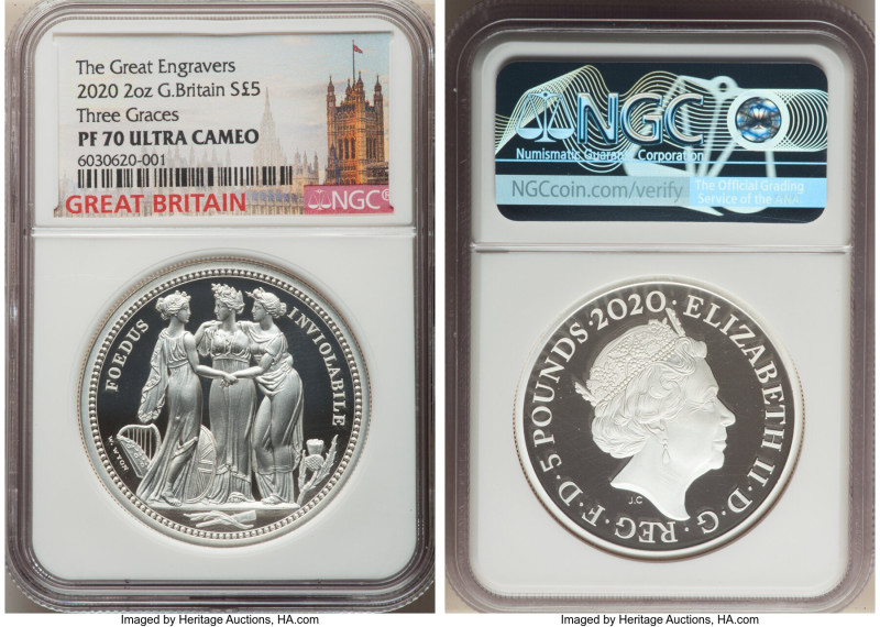 Elizabeth II silver Proof "Three Graces" 5 Pounds (2 oz) 2020 PR70 Ultra Cameo N...