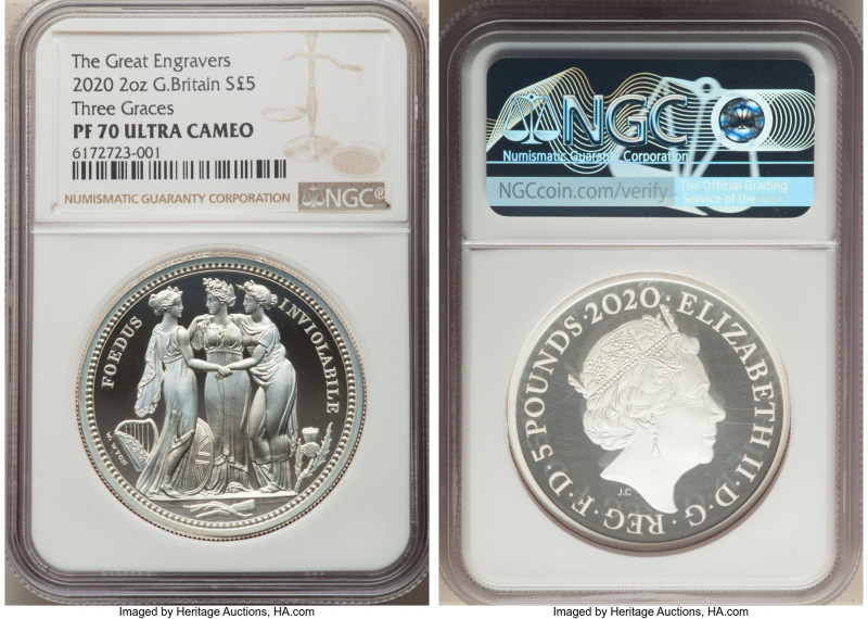 Elizabeth II silver Proof "Three Graces" 5 Pounds (2 oz) 2020 PR70 Ultra Cameo N...