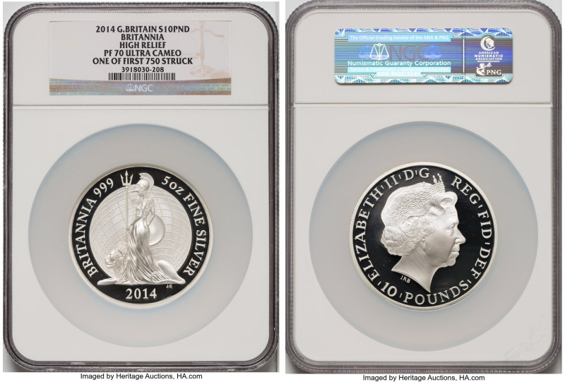 Elizabeth II silver Proof High-Relief "Britannia" 10 Pounds (5 oz) 2014 PR70 Ult...