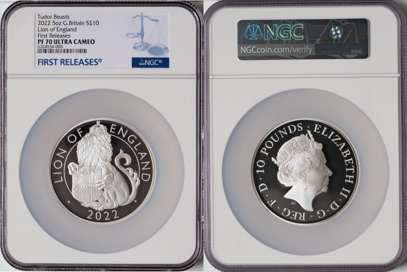 Elizabeth II silver Proof "Lion of England" 10 Pounds (5 oz) 2022 PR70 Ultra Cam...