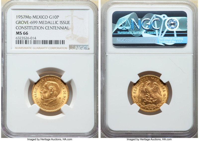 Estados Unidos gold "Constitution Centennial" Medallic 10 Pesos 1957-Mo MS66 NGC...