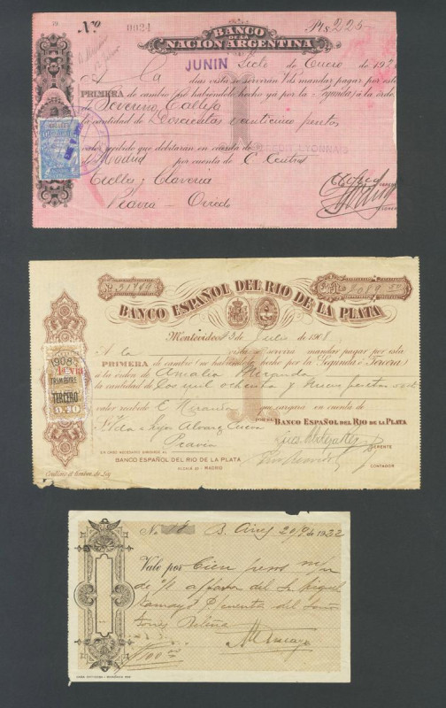 ARGENTINA. Set of 6 Bills of Exchange and a check, drawn in Buenos Aires and Río...