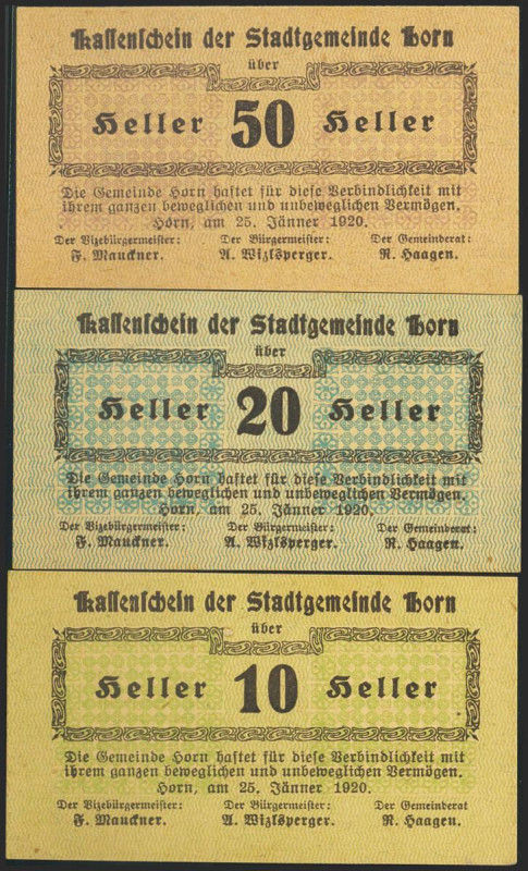 AUSTRIA. NOTGELD (HORN). Complete set of 3 banknotes: 10 Heller, 20 Heller, 50 H...