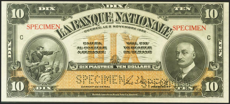 CANADA. 10 Dollars. 2 November 1922. Specimen. (Pick: s872s). Uncirculated