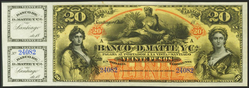 CHILE. 20 Pesos. (1888ca). Remainder with matrix. (Pick: S279). About Uncirculat...