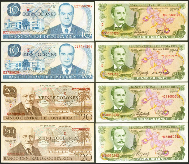 Set of 8 Costa Rican correlative pairs banknotes of different issues. TO EXAMINE...