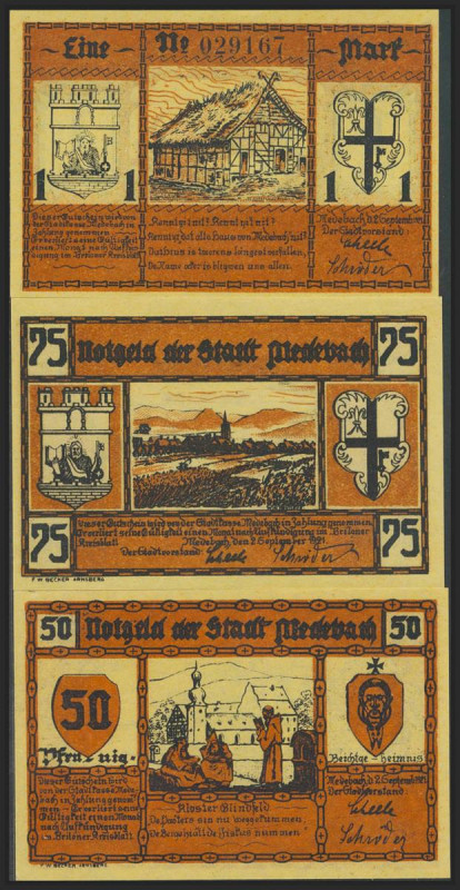 GERMANY. NOTGELD (MEDEBACH). Complete set of 3 banknotes: 50 Pfennig, 75 Pfennig...