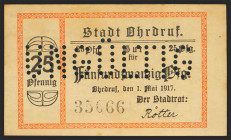 GERMANY. NOTGELD (OHDRUF). 25 Pfennig. 1917. Numbered, not stamped. UNGÜLTIG in perforation. Rare. Uncirculated.