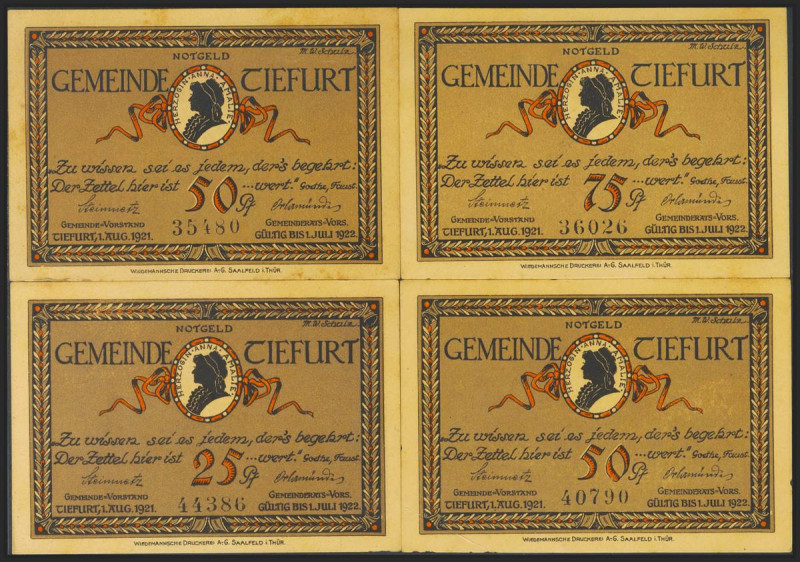 GERMANY. NOTGELD (TIEFURT): Complete set of 4 banknotes: 25 Pfennig, 50 Pfennig ...