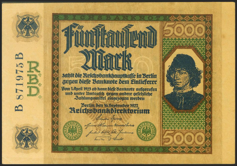 GERMANY. 5000 Mark. 1922. (Pick: 77). More than extremly fine.