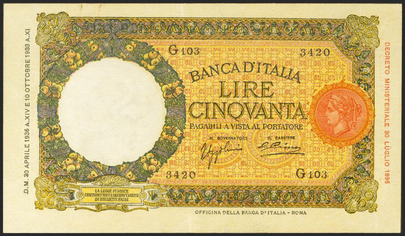 ITALY. 50 Lire. 1936. (Pick: 54). Extremely fine.