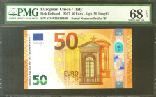 50 Euros. 4 de Abril de 2017. Firma Draghi. Serie S (Italia). (Edifil 2017: 496, Pick: 23s). Apresto original. SC. Encapsulado PMG68EPQ.