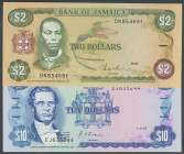 JAMAICA. Set of 2 banknotes: 2 Dollars, 10 Dollars. 1987-1992. (Pick: 69b, 71d). Uncirculated.