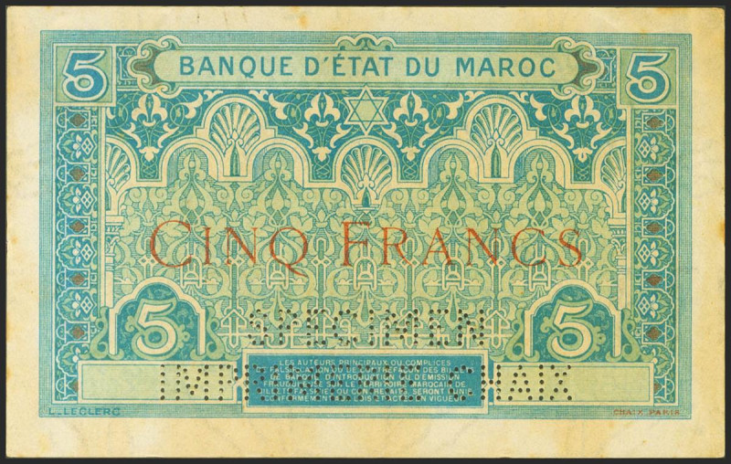 MOROCCO. 5 Francs. (1924ca). Perforated SPECIMEN, imprimerie Chaix and without n...