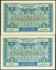 MOROCCO. 5 Francs. (1924ca). Correlative Pair. (Pick: 9). Extremely Fine- / Very Fine+.