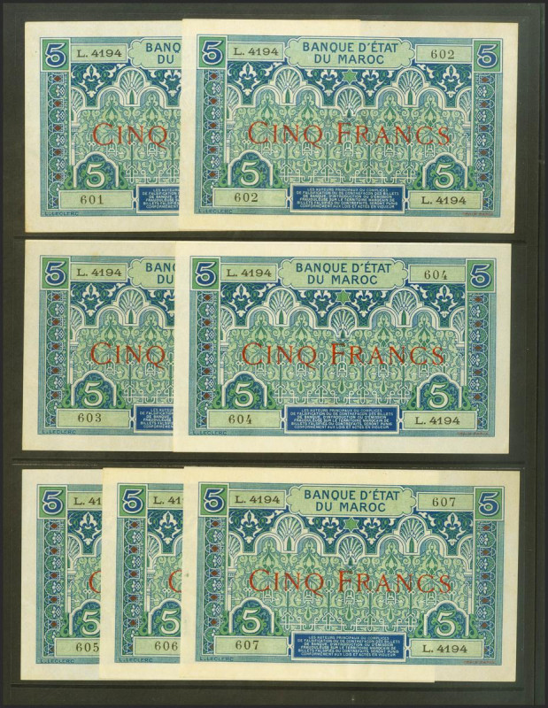 MOROCCO. Group of 7 correlative banknotes of 5 Francs. (1924ca). (Pick: 9). Extr...