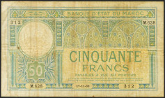 MOROCCO. 50 Francs. 17 November 1932. (Pick: 13). Very rare and staples holes. Good.